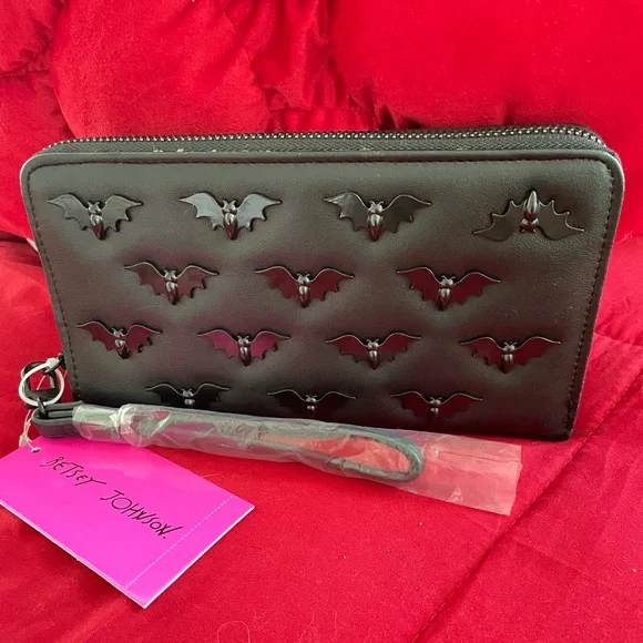 Betsey Johnson Black With Bat Embellishments Large Wallet - Picture 1 of 7